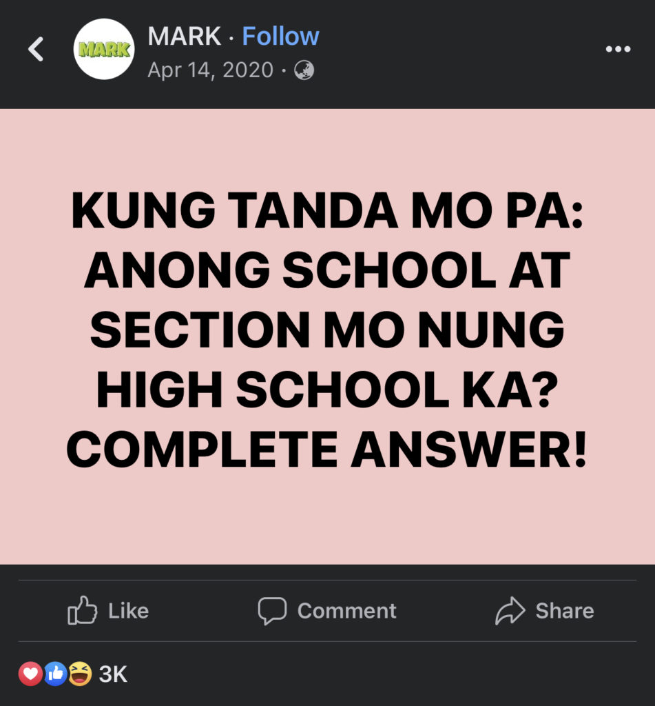 MARK • Follow Apr 14, 2020

MARK KUNG TANDA MO PA: ANONG SCHOOL AT SECTION MO NUNG HIGH SCHOOL KA? COMPLETE ANSWER! 06 Like 3K

Share

Comment